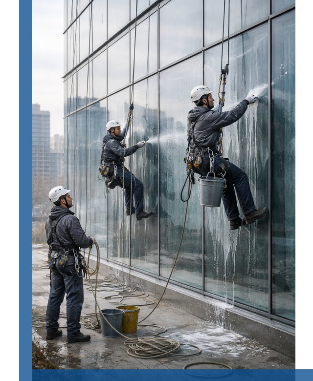 Промышленная мойка панорамных окон на высоте в Кашире