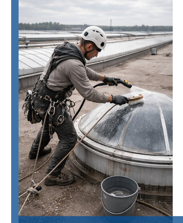 Мойка зенитных фонарей на кровле для промышленных объектов в Кашире