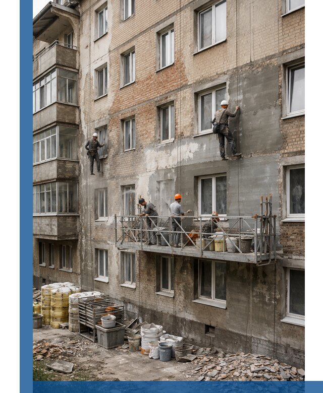 Капитальный ремонт фасада в Кашире с восстановлением и гидроизоляцией