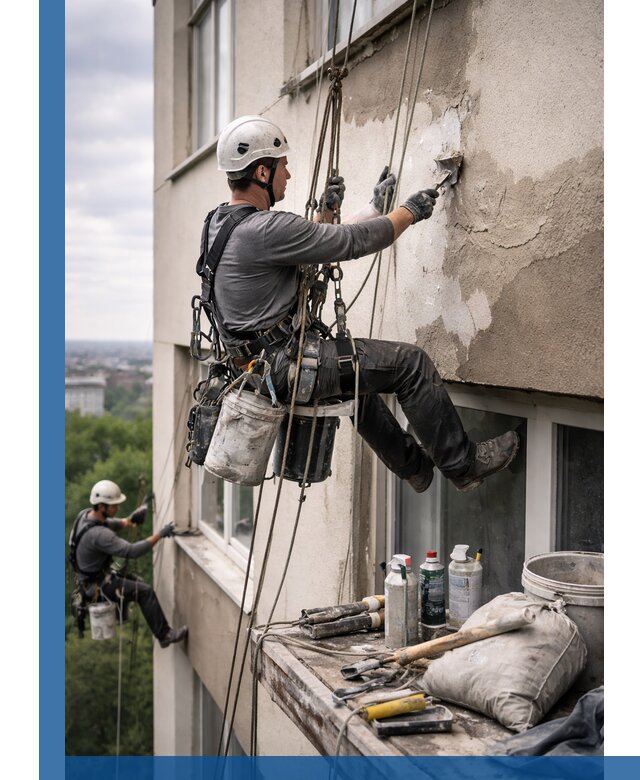 Косметический ремонт фасада зданий в Кашире промышленными альпинистами