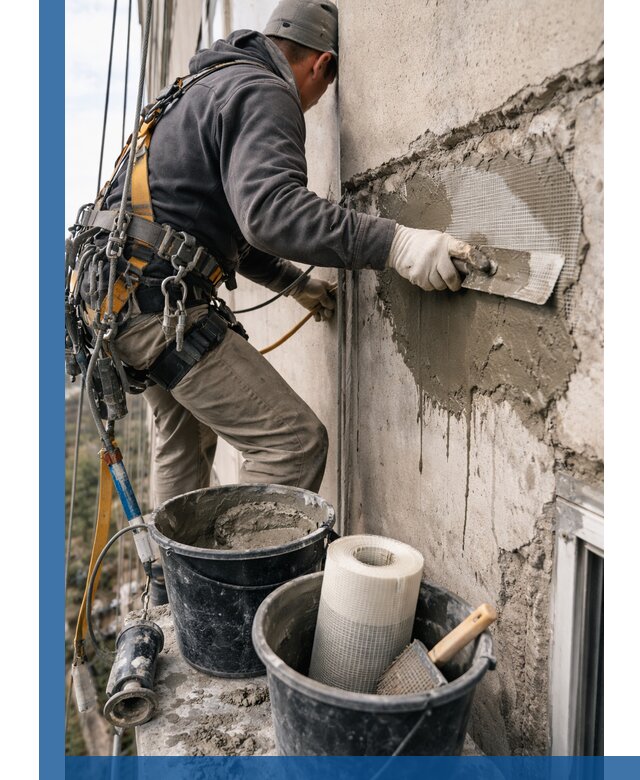 Ремонт бетонных элементов фасада промышленными альпинистами в Кашире