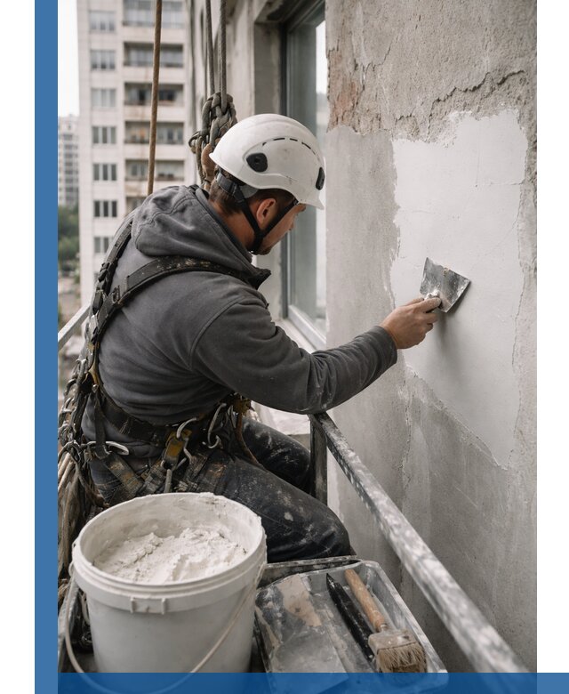 Шпаклевка фасадов на высоте с промальпинистами в Кашире