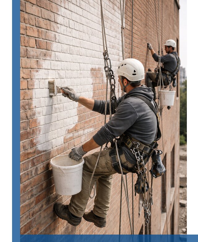 Покраска кирпичного фасада с доступным альпинистским сервисом в Кашире
