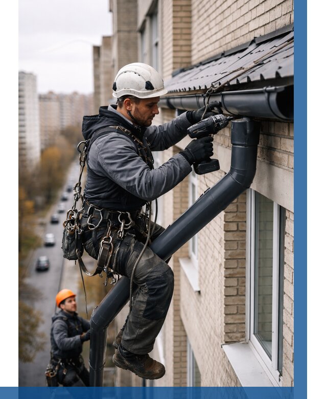 Монтаж водосточной системы на здании в Кашире от 5207 р. | ВЫСОТНИК-Кшр