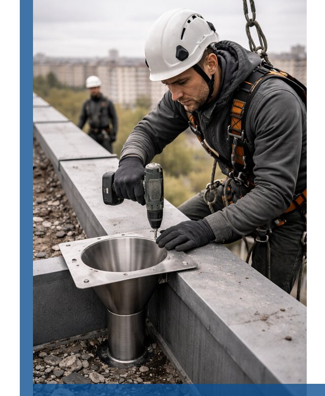 Монтаж водосточных воронок в Кашире для промышленных зданий