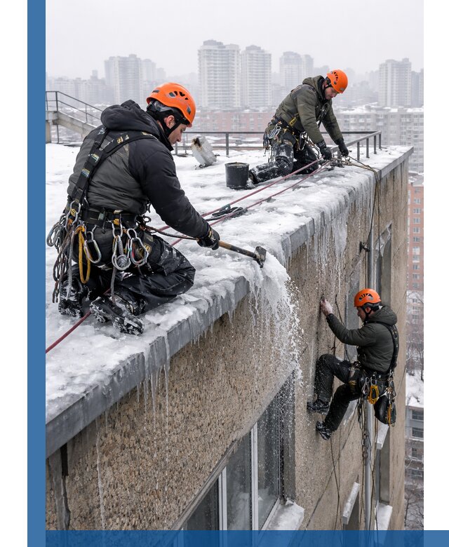 Удаление наледи с кровли в Кашире промышленными альпинистами