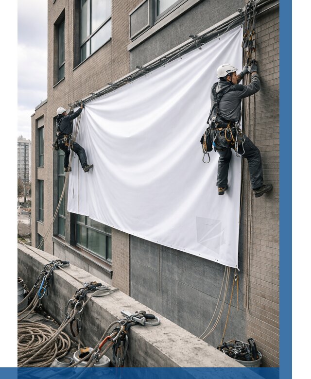 Монтаж баннеров на фасаде в Кашире от 677 р. заказать ВЫСОТНИК-Кшр