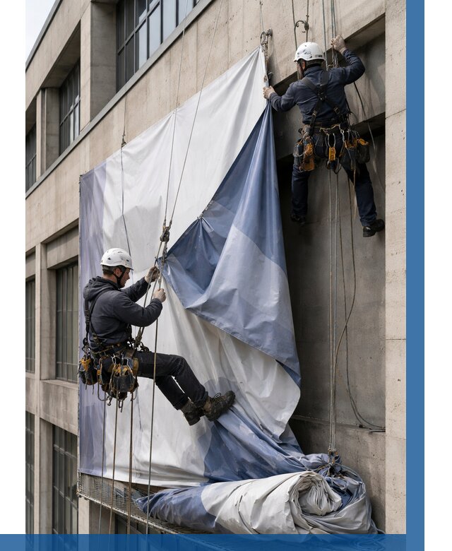 Демонтаж баннеров с фасада в Кашире от 4686 р. | ВЫСОТНИК-Кшр