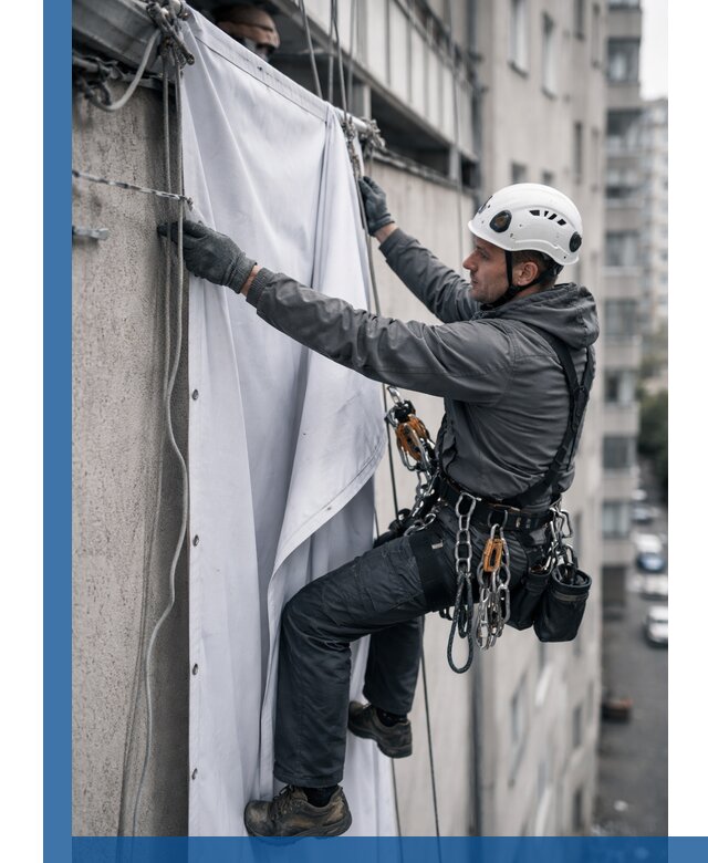 Замена баннерного полотна промышленными альпинистами в Кашире