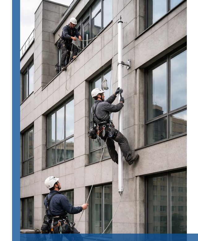 Монтаж флагштока на фасаде здания с креплением и герметикой в Кашире