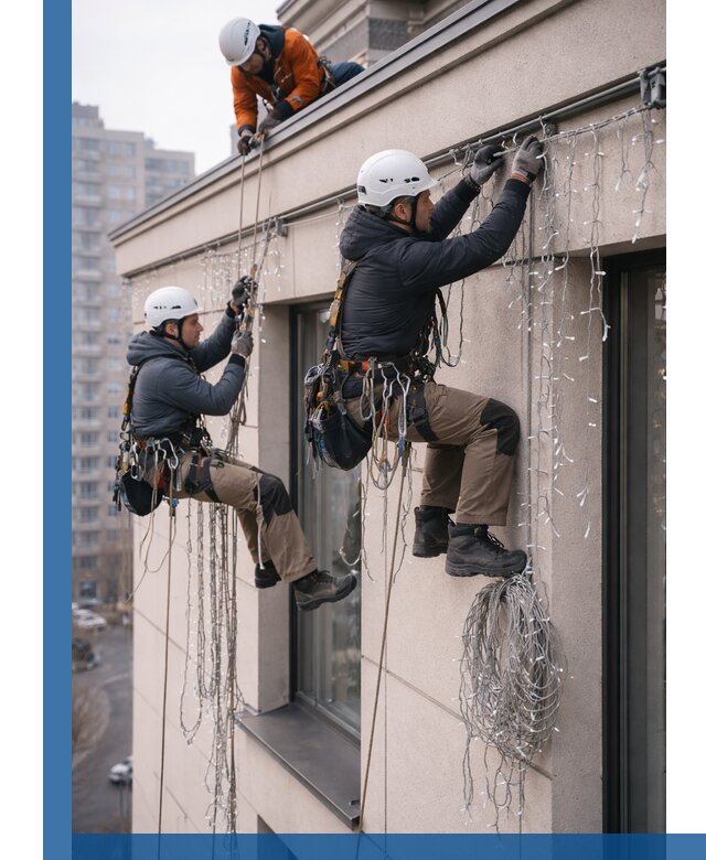 Монтаж праздничных гирлянд на фасаде в Кашире для зданий