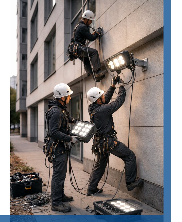 Монтаж прожекторов на фасаде в Кашире от 7811 р. | ВЫСОТНИК-Кшр