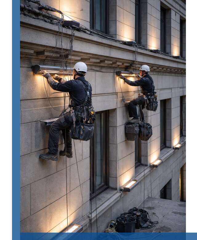 Монтаж архитектурной подсветки фасадов зданий в Кашире