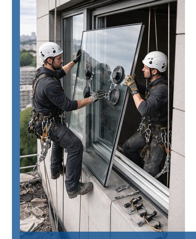 Замена стеклопакетов на высоте с промышленными альпинистами в Кашире