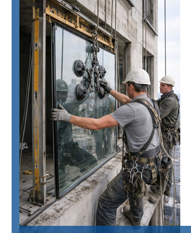 Монтаж стеклопакетов на высоте в Кашире с промышленным альпинизмом