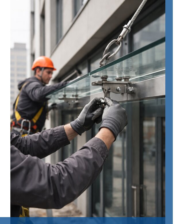 Монтаж стеклянных козырьков в Кашире от 8852 р. | ВЫСОТНИК-Кшр