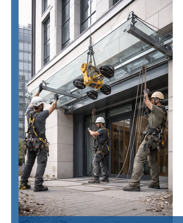 Монтаж стеклянных козырьков под ключ в Кашире для зданий