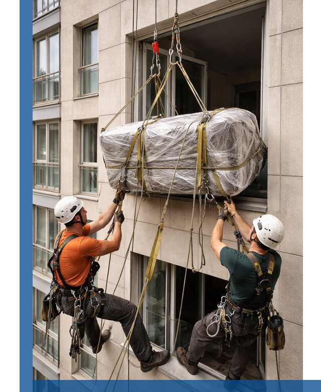 Подъем грузов через окно в Кашире промышленными альпинистами