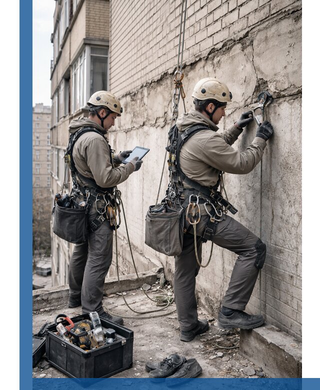 Обследование фасада промышленными альпинистами в Кашире